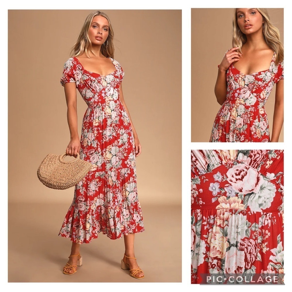 Auguste The Label Reverie Red Floral Print Tiered Puff Sleeve Midi Dress Size 0